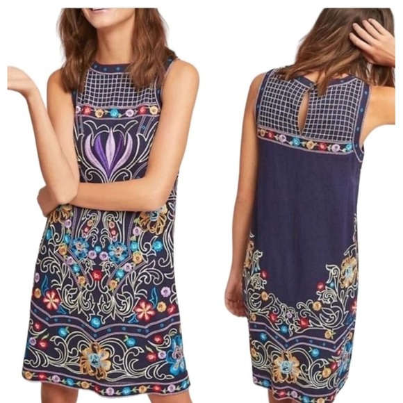 Maeve Anthropologie Shift Dress 8 Kira Floral Embroidered Sleeveless Tunic Lined - Picture 2 of 15